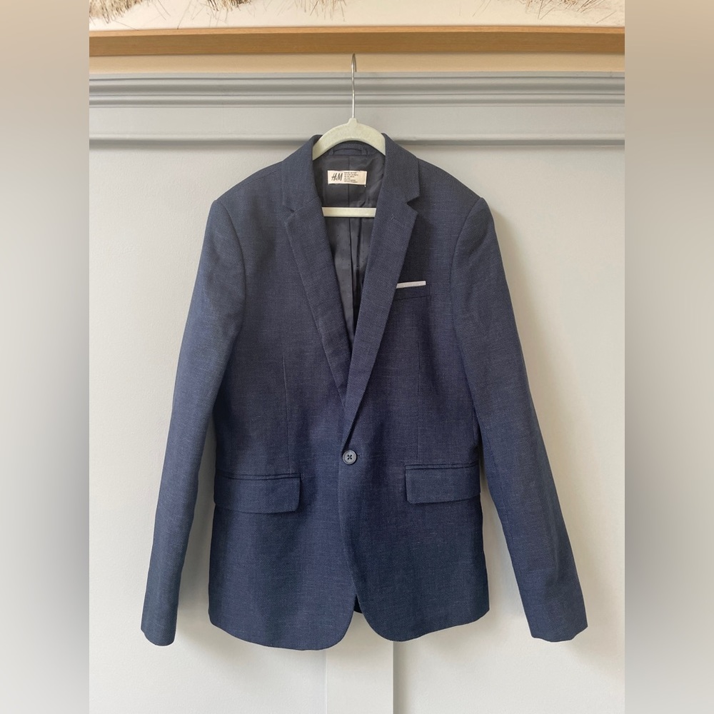 Boys H&M Light Tweed Navy Blue Blazer w/ Pocket Square Size 11-12 used Once